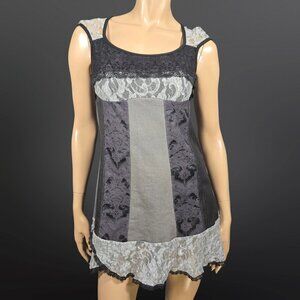 Y2K Gothic Fairy Grunge Mini Dress Size S Black gray Lace Brocade Sleeveless